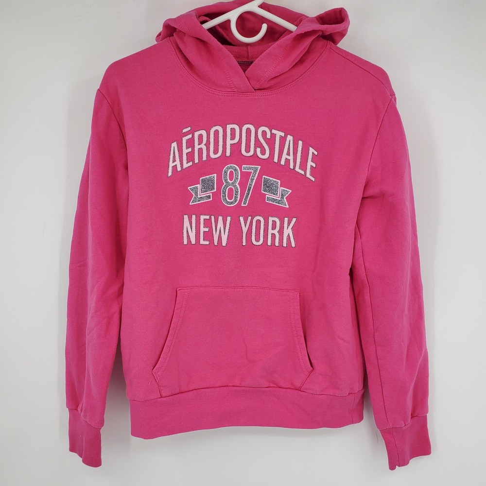 Vintage Aeropostale Y2K Pink Glitter Big Logo Pullover Hooded Sweatshirt‎ Medium